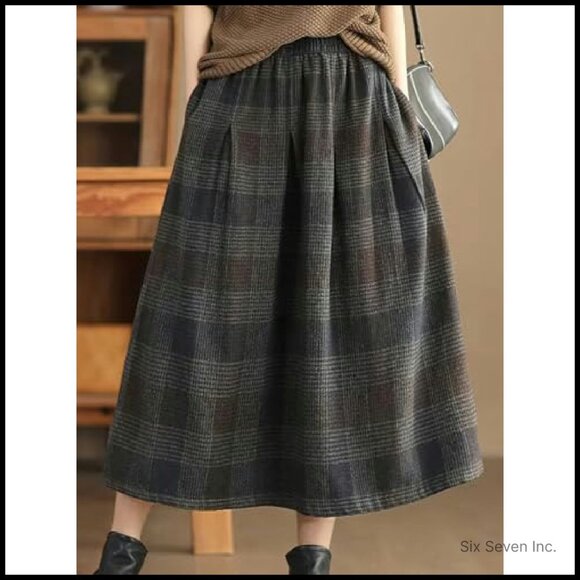 Vintage Plaid Wool Skirt High Elastic Waist A-Line Pleated Midi Long - Picture 4 of 5